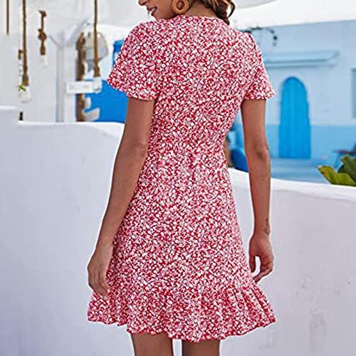 LMDUDAN LJETNA ŠIFON haljina za žensku haljinu kratkih rukava cvjetni tiskani struk s V-izrezom ruffle midi haljine