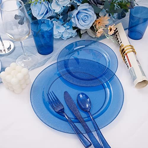 Plavi Plastični tanjuri od 180 komada - teški plavi tanjuri s jednokratnim srebrnim priborom i šalicama, Set uključuje 30 tanjura za