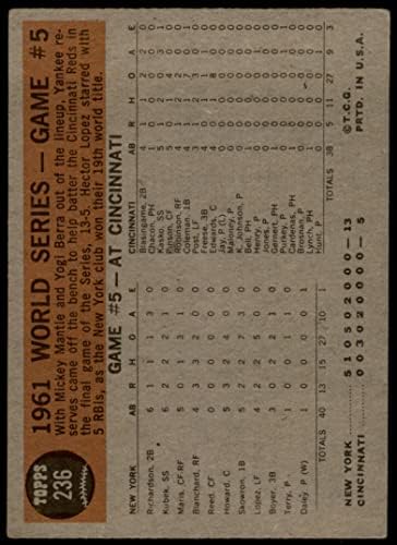 1962. Topps 236 1961 World Series - Igra 5 - Yanks Crush Reds u finalu New York/Cincinnati Yankees/Reds GD+ Yankees/Reds