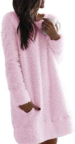 Nirovien Womens Fleece Tunika Pulover Long Sherpa haljina u boji blok Fuzzy Twishirts Preveliki pahuljasti kaput s džepovima