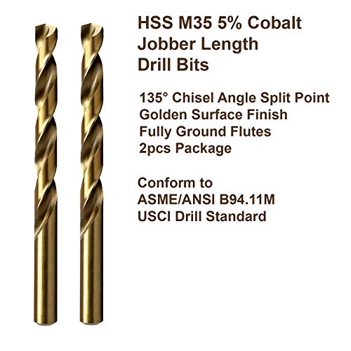 Maxtool 3/32 2PCS Identične bušilice dužine posla HSS M35 Twist Bits 5% Cobalt Potpuno zemljani zlatni ravni vježbe; JBF35G10R06P2