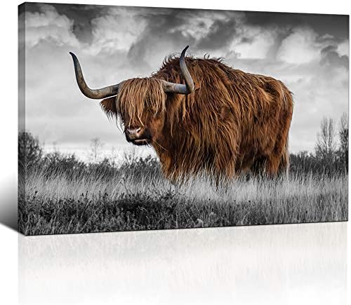 Klvos crno -bijela farma životinjski zid umjetnost gorja krava s dugim rogovima platno slika Texas Longhorn Slikanje za uređenje kućnog