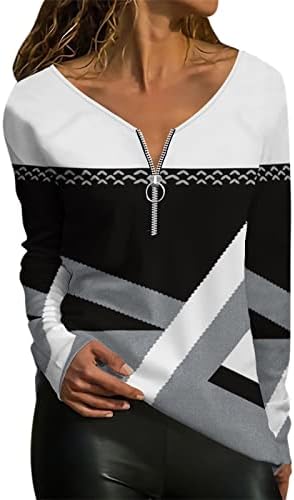 Ženska odjeća plus veličine Za proljeće i ljeto, Ženski top s geometrijskim printom, majica s patentnim zatvaračem dugih rukava, 3