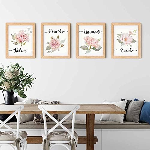 Iiiluyot opuštanje natapajte Unapuhajte ružičasti cvjetni umjetnički tisak, citati botaničke kupaonice zidna umjetnost, set 4, dekor