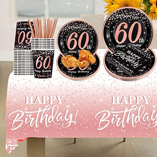 nakit za 60. rođendan za žene-pribor za rođendan od ružičastog zlata, tanjuri i salvete, šalice, slamke, stolnjak, Jednokratno posuđe
