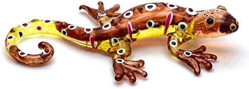 Changthai dizajn sićušna 3½ duga smeđa žuta gekona figurica - minijaturna ručna puhana staklena guštera salamander gmazovi kristalne