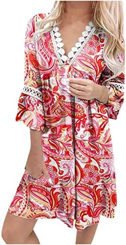 Ljetna haljina za žene čipkasti obloga v vrat 3/4 rukava a-line Boemske majice haljine cvjetna protočna mini kratka haljina