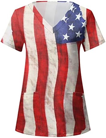 4. srpnja majice majice za žene američka zastava ljetna majica kratkih rukava v vrata s 2 džepa Smiješno odmor casual radna odjeća