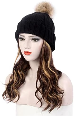 modna ženska kapa za kosu, jedna crna pletena kapa, duga kovrčava perika, Smeđa Perika s istaknutim dijelovima, plus jedan šešir