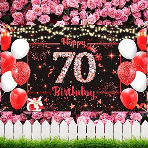 Crveni natpis Sretan rođendan za 70 godina ukrasi za muškarce i žene, velika crveno-crna sjajna pozadina za 70. rođendan Sretan 70.