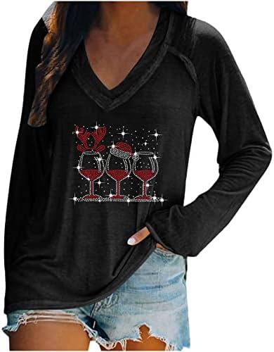 Ženski dugi rukavi majica božićna crvena vinska čaša tiskana V-izreza kauzalni osnovni sloj košulje pulover bluze bluze