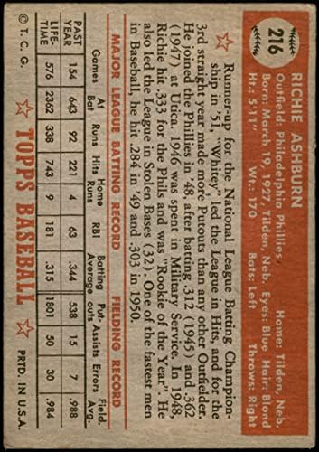 1952. Topps 216 Richie Ashburn Philadelphia Phillies Dean's Cards 2 - Dobri Phillies