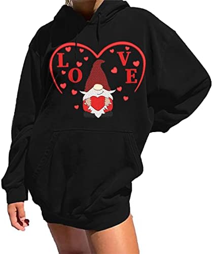Ljubavna predimenzionirana dukseva, ženske valentinske kapuljače pulover vrhovi slatki gnomi srce dugi rukavi majice s džepom