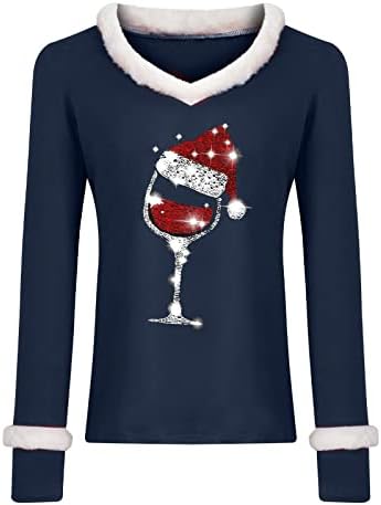 Ženske božićne majice, zabavne grafičke majice s čašom vina, ležerni pulover dugih rukava s izrezom u obliku slova A, široke udobne