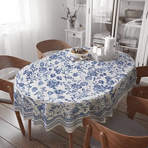 GEPHBOW Ovalni stolnjak - 60 x 84 inčni plavi cvjetni rustikalni stolnjak Klasično francusko selo tiskani tkaninski stol za stol pokrovni