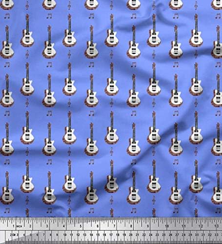 Plava pamučna Pletena tkanina od 58 inča s tiskanim notama i gitarskim glazbenim instrumentima