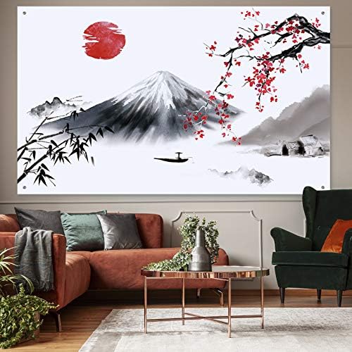 Japanski zidni foto banner Azijska planina Fuji pozadina s crvenim suncem japanski krajolik pozadina prirode za japanske zabave zidni