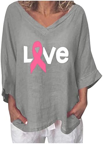 Ženska 2023. 3/4 rukava v Neck Linen Pamuk grafički grafički kapril za rak dojke bluza majica jesen ljetna majica za damu