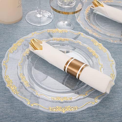 175pcs prozirnih plastičnih tanjura i prethodno valjanih salveta sa zlatnim plastičnim priborom za jelo, zlatni Tanjuri za 25 tanjura