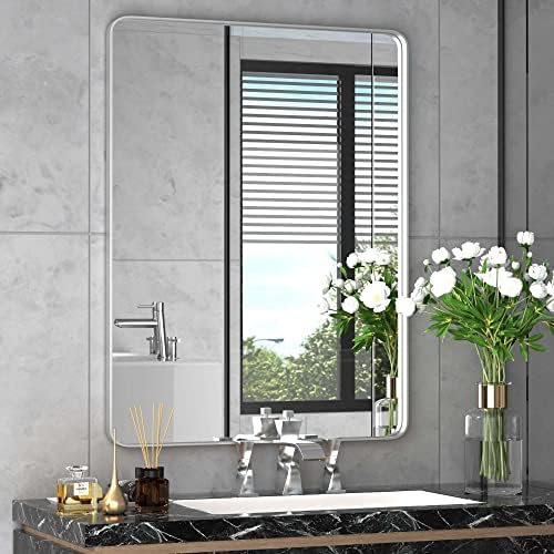 Srebrno ogledalo za kupaonicu, toaletni stolić s okvirom od nehrđajućeg čelika dimenzija 24v36 inča, moderno pravokutno ogledalo sa