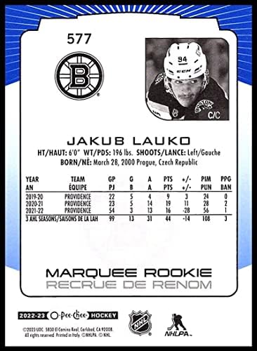 2022-23 O-pee-chee plava granica 577 Jakub Lauko RC Rookie Boston Bruins NHL Trgovačka karta hokeja