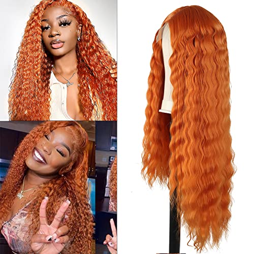 _ Narančasta boja đumbira duboka valovita perika za crne žene sintetička kosa na čipki svijetlosmeđe kovrčave perike za crne žene perika