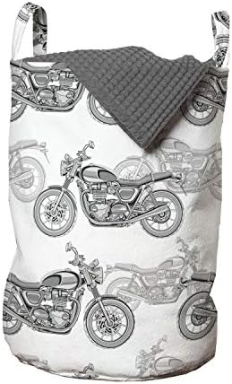 Torba za rublje za motocikle u donjem rublju, realistična ilustracija klasičnih motocikala u sivim tonovima s puno detalja, košara