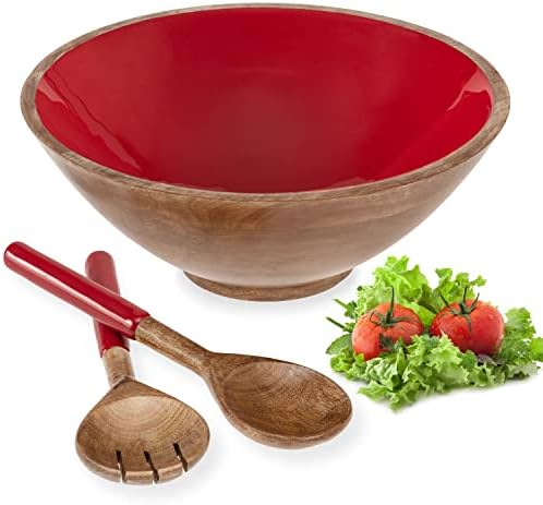 Drvena zdjela sa salatom postavljena je velika 12 s poslužiteljima žlica - posuda za posluživanje s priborom za salatu i voće - crvena