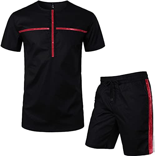 Lucmatton Muški patchwork dizajn 2 komada odjeće Etnički ležerni skriveni gumb Košulja kratkih rukava i kratke hlače set