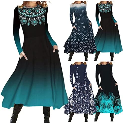 Firero jesenske haljine za žene 2022, plus veličine etničke haljine ženske posade dugih rukava grafički print duga haljina