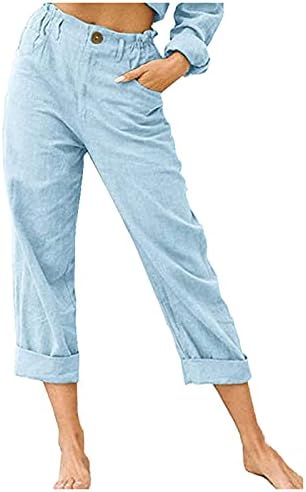 Posteljine hlače za žene visoki struk, kapri hlače gumb Up Ravna noga obrezane hlače Elastični struk ljetne hlače hlače