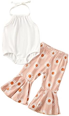 O / jednobojni kombinezon bez rukava s rebrastim naramenicama za djevojčice, cvjetni suncokret, lepršave hlače, Odjeća