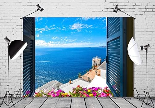 Corfoto tkanina 10x8ft Pogled prozora na mediteransku pozadinu krajolika plavog morskog grada cvjetovi prozorska obala Fotografska