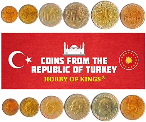 6 kovanica iz Turske | Zbirka turskog kovanica 1000 5000 10000 25000 50000 100000 LIRA | Cirkulirano 1995-2000 | Mustafa Kemal Atatürk