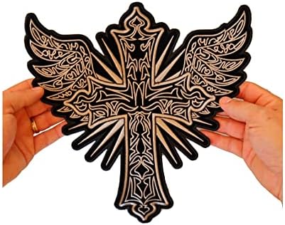Veliki zakrpa za leđa, vezeni flaster, smeđi/zlatni kršćanski križ i krila velika flastera, 11 x 12