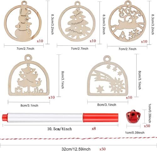 50pcs nedovršeni drveni viseći ukrasi za božićne ukrase, 5 stilova drvenih zanata s rupama za dječje zanate središnji blagdanski viseći