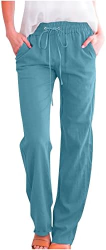 Pamučne lanene hlače za žene casual struga elastični struk Ravna noga Čvrste hlače meke udobne hlače s džepovima