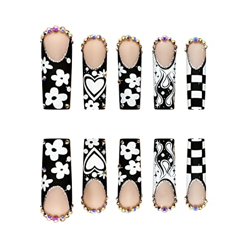 Akrilni nokti, sjajno ljepilo za nokte, crna jakna, umjetni nokti, bijeli karirani cvijet, lijepi na lažne nokte s 3-inčnim dizajnom