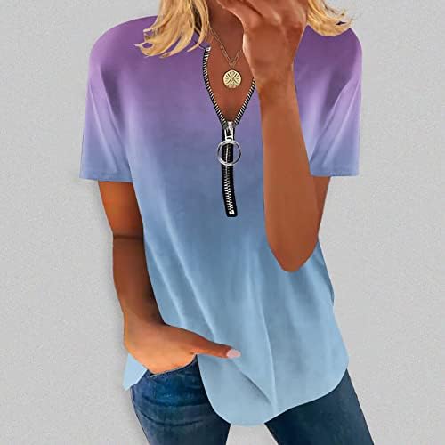 Ženske majice s kratkim rukavima gradijentna boja tunika vrhovi ležerne majice labave fit zatvarača V vrat majica bluze