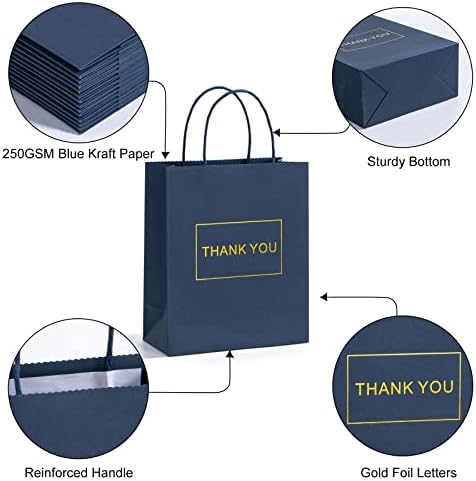 Poklon vrećice od tamnoplavog papira hvala, 20 komada s ručkama 7,8 $ 3,7 $ 9, zlatna folija, poklon vrećice hvala za kupovinu srednje