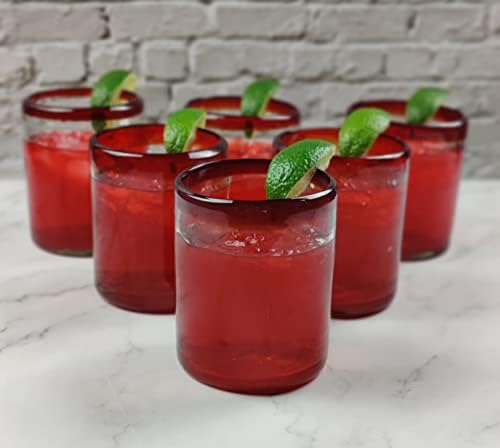 Meksičke ručno puhane čaše za piće u meniju-set od 6 čaša s crvenim obručima