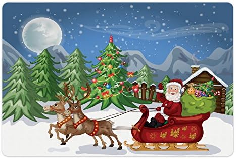 Božićna prostirka za kućne ljubimce za hranu i vodu, ruralni krajolik noću s drvećem, Snježni nanos Djeda Mraza, sobovi, planine, pravokutni