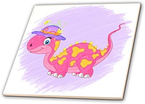 3; ružičasta i žuta djevojka dinosaura s ljubičastim šeširom nacrtana bojicom za dječje keramičke pločice višebojna