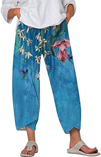 Ženske ljetne hlače Capri pamučne posteljine široke noge kapris cvjetni gradijent za tisak ošišane hlače elastični struk vrećaste hlače