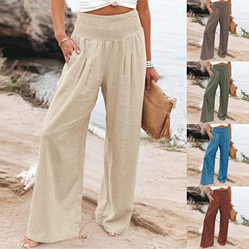 Handyulong lanene hlače za žene, žene ljetne pamučne platnene hlače s visokim strukom, široke noge duge ležaljke hlače