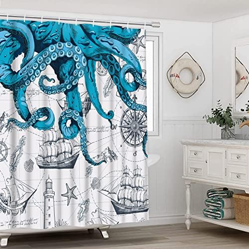 4 PCS set za zavjese za tuširanje hobotnice, nautičke kupaonice s zavjesom za tuširanje i prostirke, plava plaža Ocean Kraken Pirate