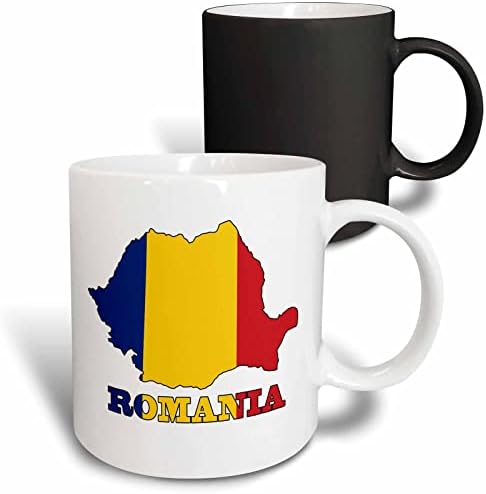 3DROSE MUG_63195_4 Zastava Rumunjske u obrisnoj karti i ime zemlje, Rumunjska. Crna šalica s dva tona, 11 oz, višeslojna