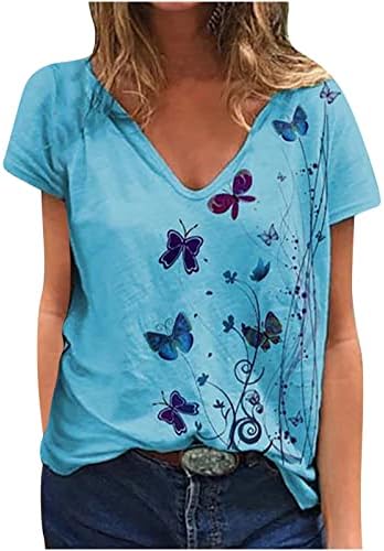 Plus majice za žene za žene ljeto casual, ženske vrhove cvjetne grafičke majice kratki rukavi labavi vrhovi bluze s v-izrezom