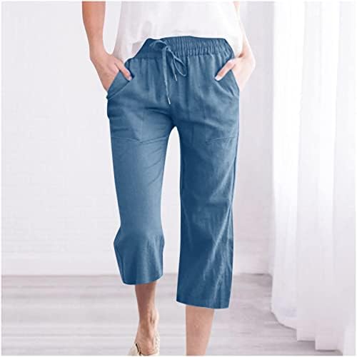 Smidow Capri hlače za žene povremene 2023. ljetne elastične elastične platnene hlače s ravnim širokim nogama obrezana hlača