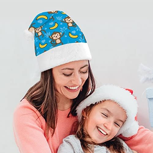 Smiješni Božićni šešir s uzorkom majmuna i banane, Šeširi Djeda Mraza, kratki plišani šeširi s bijelim manšetama za ukrašavanje božićnih
